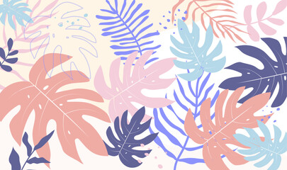 Tropical leaves background. Hand drawn leaves natural. monstera leaves. Exotic plants seamless pattern. floral element. Vector illustration