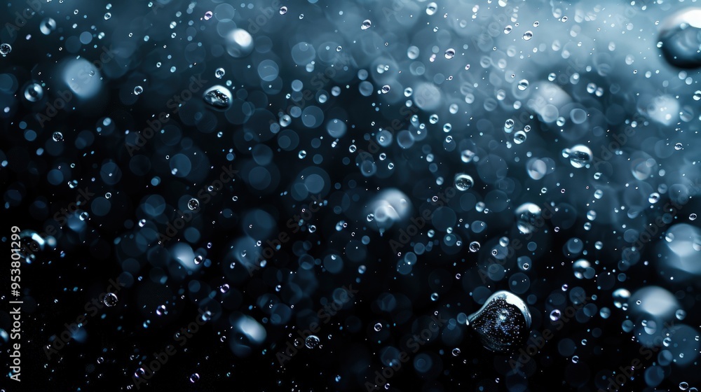 Poster a close-up view of water droplets against a dark background, creating a visually captivating and dyn