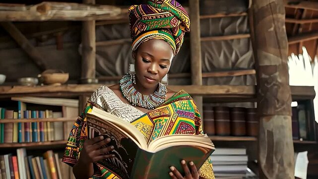 An African woman in traditional clothing reading a book inside a hut fashion culture tradition 
