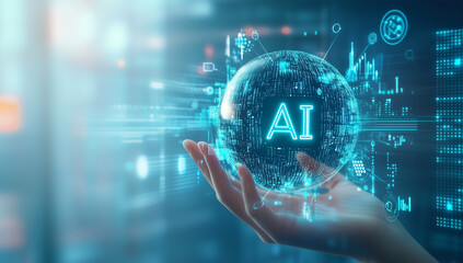 A hand holding a sphere marked with 'AI,' surrounded by digital data and technology symbols