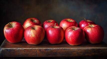Eight Red Apples on a Wooden Surface
