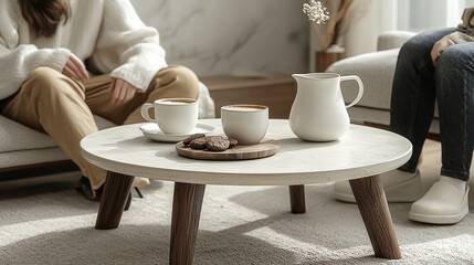 Selective focus on coffee table with wooden board and breakfast in cozy home interior. Fresh croissant and cup with hot beverage on top.