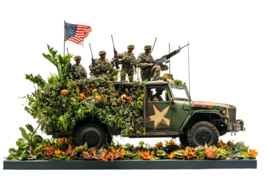 Soldiers patrol in a camouflaged vehicle isolated on transparent background - Powered by Adobe