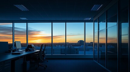 Fototapeta premium Empty Office with a Sunset View Through Large Windows