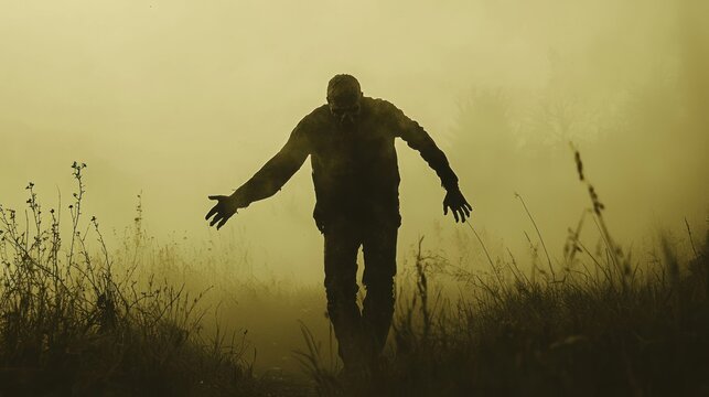 A silhouette of a zombie with outstretched arms, slowly walking through a foggy landscape.