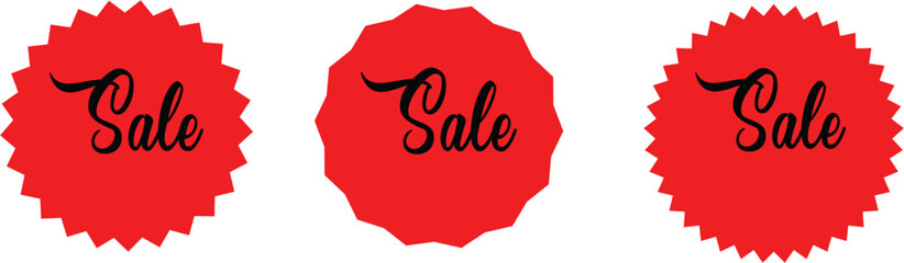 This image features three circular, red labels with the word 