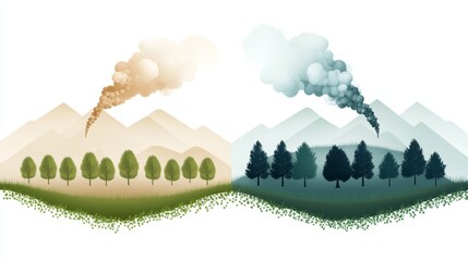 Illustration depicting contrasting environments: a healthy landscape and a polluted area with smoke rising from mountains.