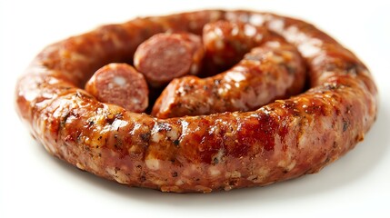 Fototapeta premium a pork sausage coil, traditional food element, rustic style, detailed texture, isolated on white background