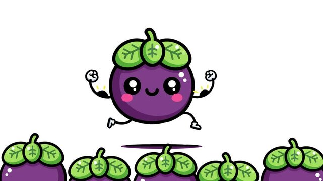 animated video of fruit that is healthy for the body, mangosteen fruit 2d looping animation, white and purple background.