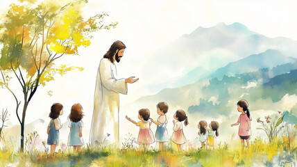 Watercolor illustration of Jesus gently interacting with children