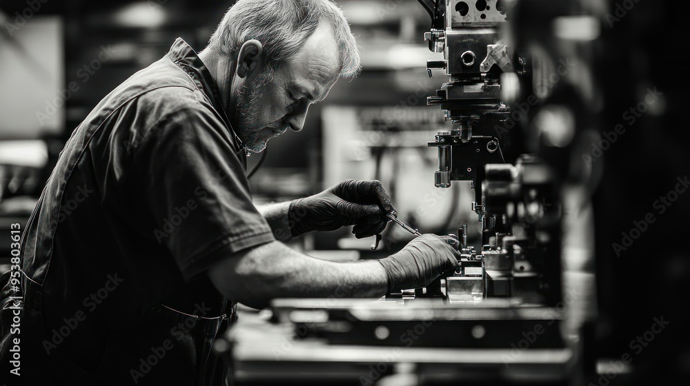Poster A Man Working with Precision on a Complex Machine