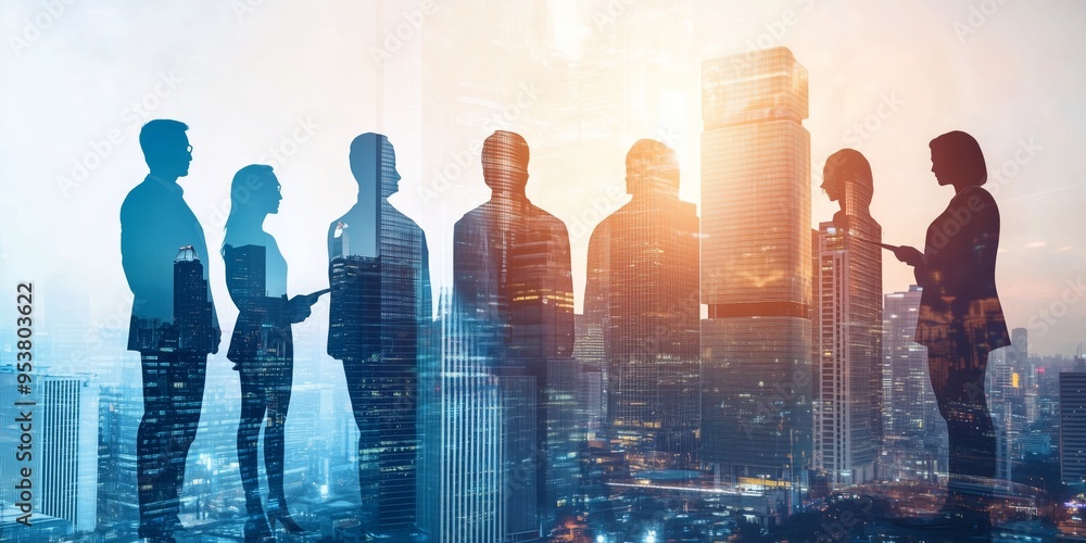 Aufkleber exploring business collaboration in a modern urban environment, where innovative communication and t