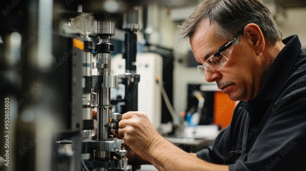 Poster senior technician adjusting a machine in a workshop