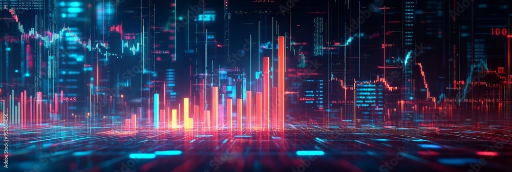Poster high-tech 3d business chart with neon blue and red bars on a dark background. financial market data 