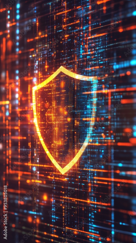 Leinwandbilder Vertical glowing digital shield icon on a futuristic circuit board, representing robust cybersecurity and data protection. Perfect for illustrating advanced network security and encryption.
