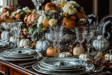 a luxurious thanksgiving tablescape featuring a centerpiece of colorful gourds, pumpkins, and mums, surrounded by fine china, crystal glasses, and elegant linens