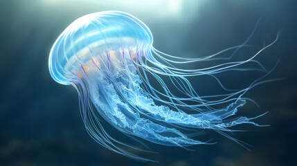 A jellyfish is swimming in the ocean