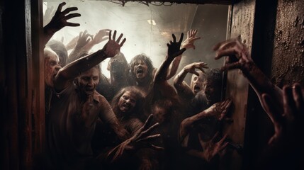 A terrifying zombie attack scene, with zombies breaking through a door as people scream. 