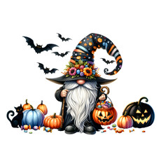 Halloween wizard gnome holding a basket of candy