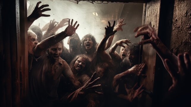 A terrifying zombie attack scene, with zombies breaking through a door as people scream. 