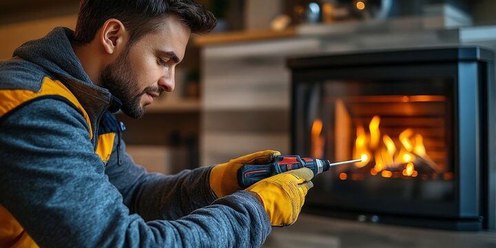 Technician Repairing Gas Fireplace in Modern Home