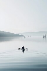 Naklejka premium a person kayaking on a calm lake with a few sailboats in the distance illustration