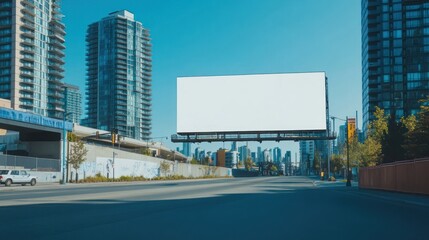 Obraz premium A large blank billboard beside an urban road with cars and modern high-rise buildings under a clear blue sky, awaiting advertising content.