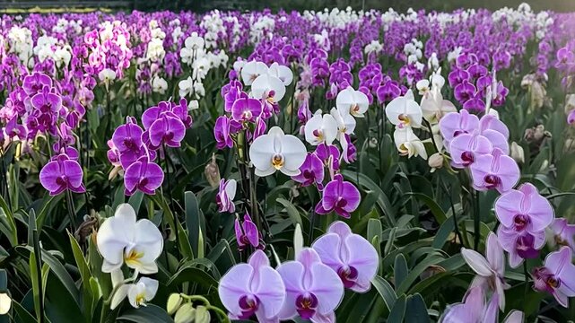 Colorful orchid field blooming under bright sunlight in a botanical garden purple white