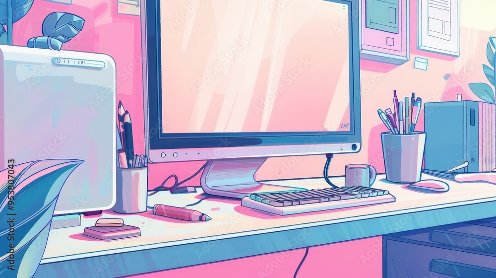 Poster close-up of an office computer setup, featuring a large monitor and a tidy keyboard.