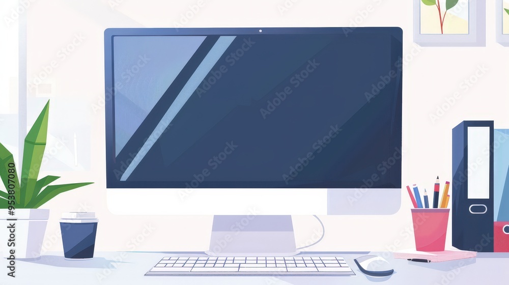 Poster close-up of an office computer setup, featuring a large monitor and a tidy keyboard.