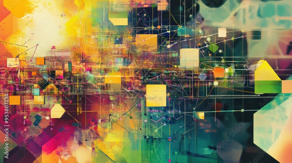 Poster abstract painting with geometric shapes and lines