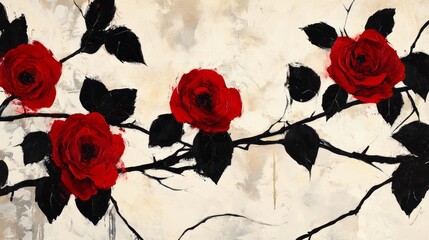 Fototapeta premium Abstract Artwork of Red Rose Blossoms with Black Leaves for Wall Decoration or Gift Generative AI