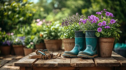 Gardening Tools Neatly Arranged on an Old Wooden Table