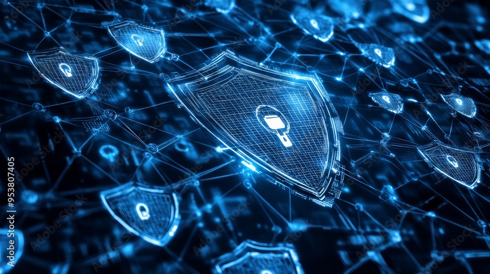 Fototapete Blue glowing shields with lock icons representing cyber security and data encryption in a network.