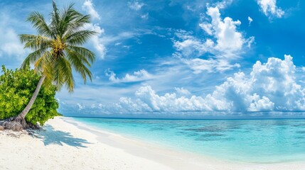 Beautiful Beach with Palm Tree Over Turquoise Ocean on a Sunny Day in the Maldives, Perfect for Summer Vacation or Travel Destination Generative AI