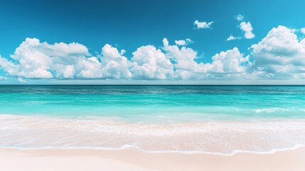 Obraz premium Beautiful Beach with White Sand and Turquoise Ocean Water, Panoramic View of a Sunny Day Generative AI
