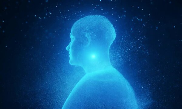 Futuristic digital art depicting the fusion of technology and human body. A wireframe model of the human form is rendered in a blue to purple gradient, surrounded by floating luminous particles and li