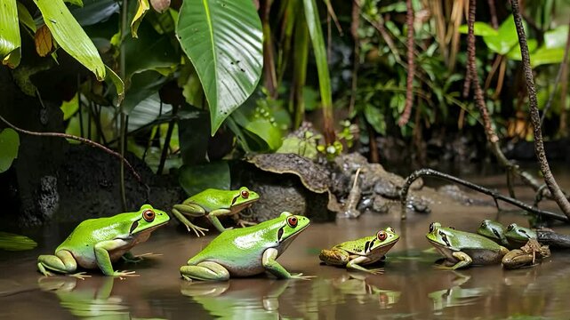 Green frogs gathered near a pond in a lush rainforest during daytime