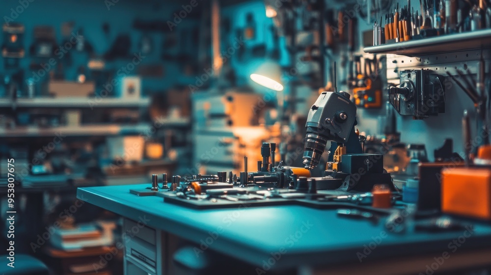 Aufkleber Close-up of a Microscope and Tools in a Workshop