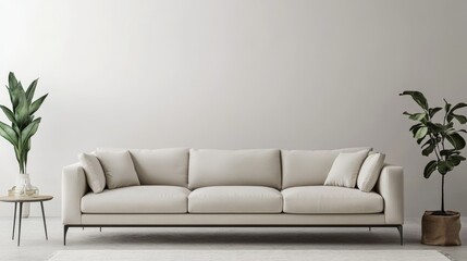 A minimalist living room with a sleek sofa and a single coffee table 