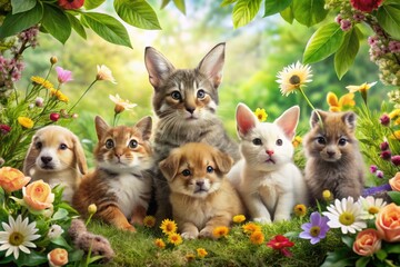 Fototapeta premium Adorable young rabbits, kittens, and puppies gathered together in a whimsical forest scene, surrounded by colorful flowers and leaves, perfect for a playful wallpaper.