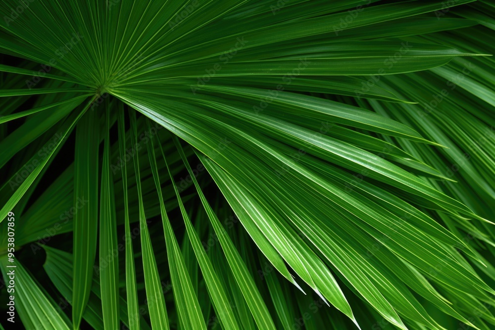 Poster natural green palm leaves with fan shaped patterns and light texture.