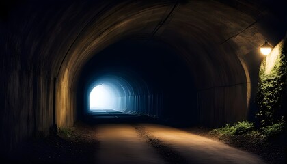 Obraz premium Underground subterran dark arched tunnel road leading to light