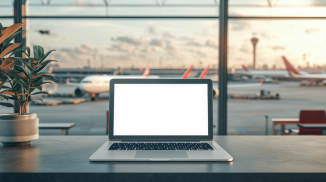 Laptop on a table at an airport café during sunset isolated on transparent background