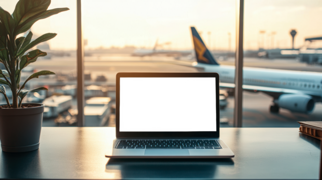 Work station with laptop at airport during sunset isolated on transparent background