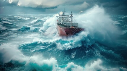 Cargo ship battling through high waves during a fierce storm at sea.