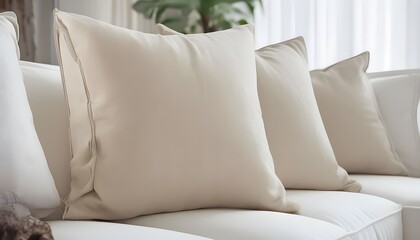 A close up of beige pillows on a white sofa