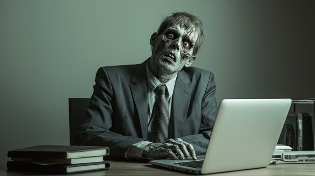 A zombie in a business suit, sitting at a desk with a laptop, looking tired and worn out.