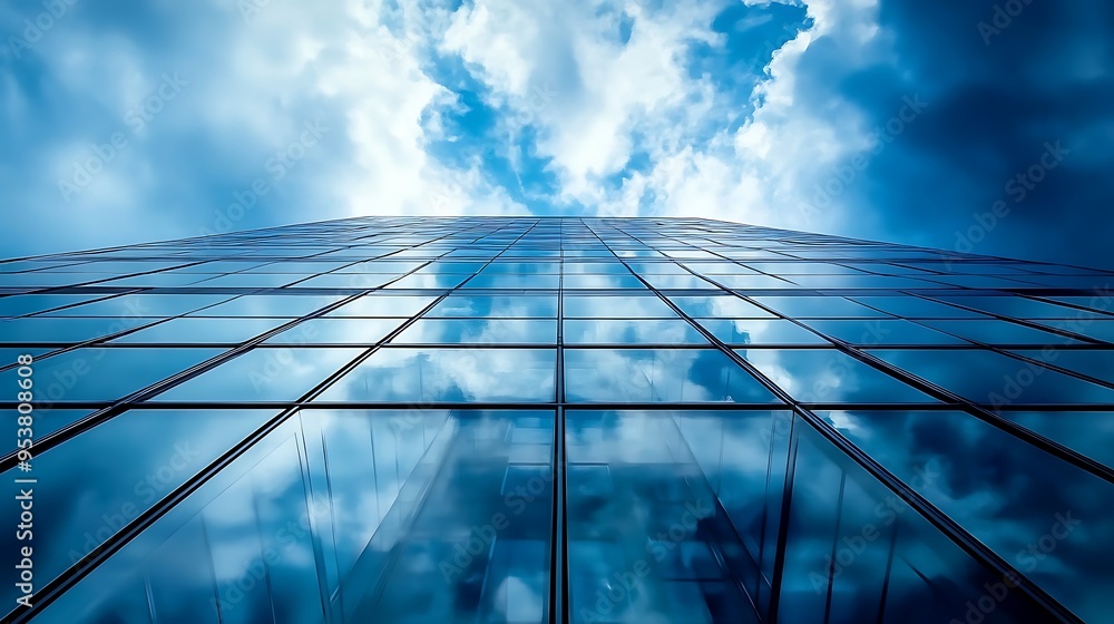 Poster skyscraper with futuristic architecture and advanced sustainable building systems