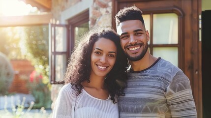 Naklejka premium Happy couple standing in front of their new home. Young family buying new house, lifestyle. Rent or own real estate.